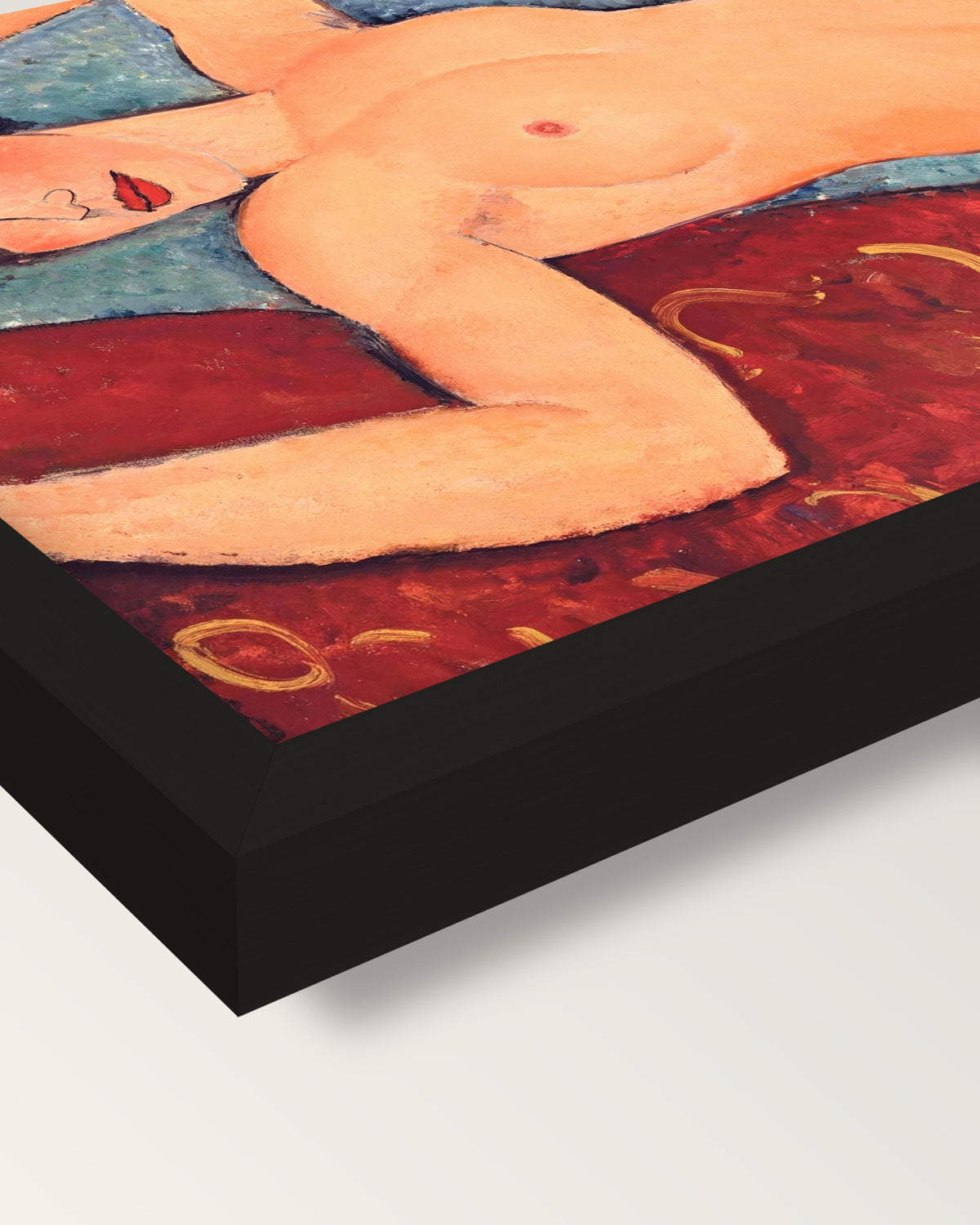 Nu couché (Red Nude) by Modigliani framed print, corner close-up: black moulding, mitred, the print set just below its edge