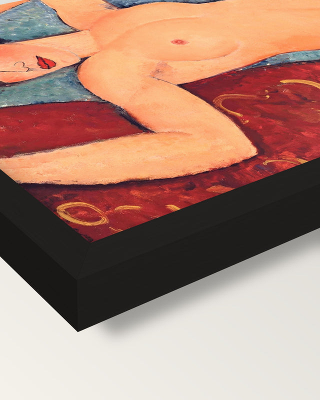 Nu couché (Red Nude) by Modigliani framed print, corner close-up: black moulding, mitred, the print set just below its edge