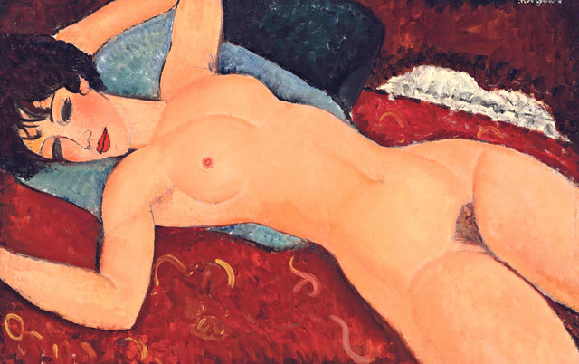 Nu couché by Modigliani: a nude woman reclining on a deep red couch, one arm behind her head
