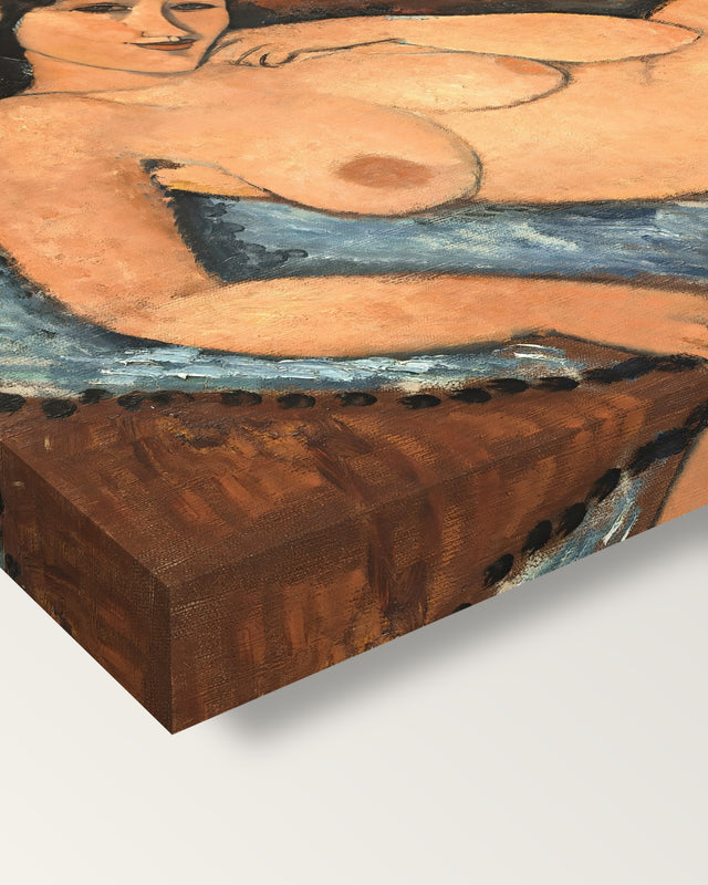 Nude on a Blue Cushion by Amedeo Modigliani on stretched canvas, corner close-up: the painting mirror-wrapped round the sides