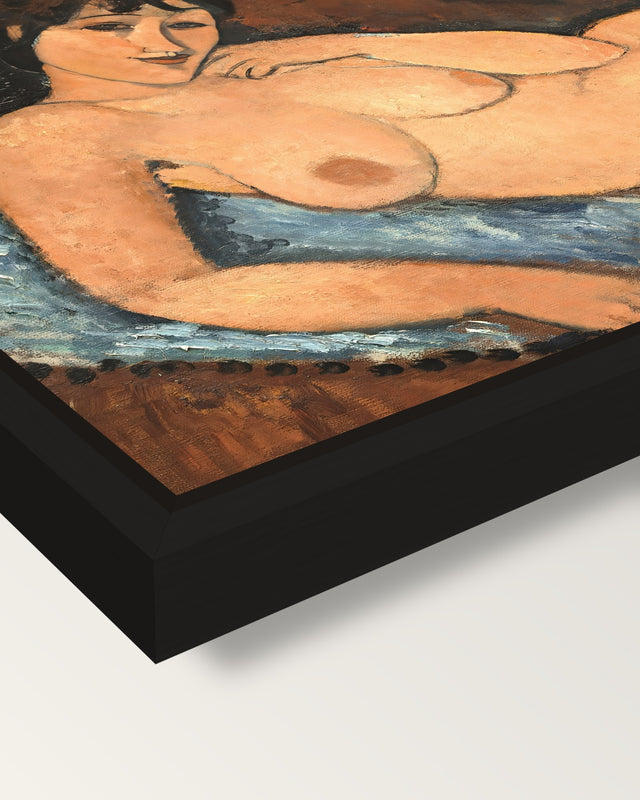 Nude on a Blue Cushion framed canvas, corner close-up: a black floating frame with a shadow gap round the canvas