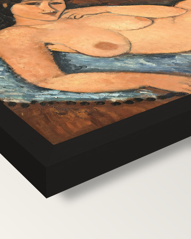 Nude on a Blue Cushion by Modigliani framed print, corner close-up: black moulding, mitred, the print set just below its edge