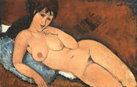 Nude on a Blue Cushion by Modigliani: a nude woman reclining on her side, head on a blue cushion, against dark red