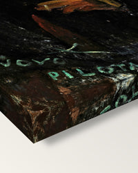 Paul Guillaume, Novo Pilota by Modigliani on stretched canvas, corner close-up: the painting mirror-wrapped round the sides