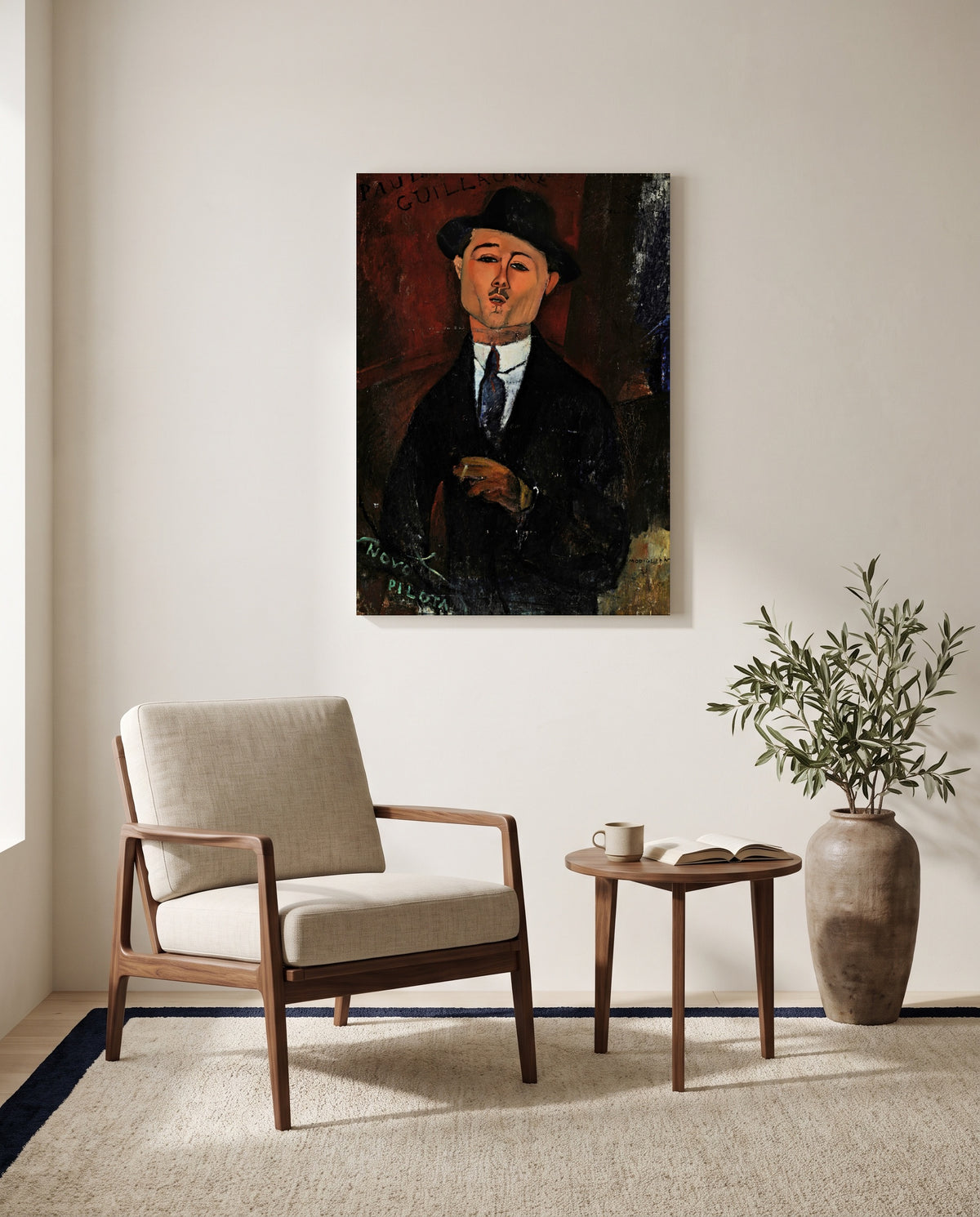 Paul Guillaume, Novo Pilota by Amedeo Modigliani as a stretched canvas above a linen lounge chair in a reading corner