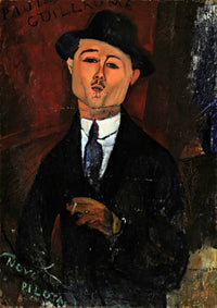Paul Guillaume, Novo Pilota by Modigliani: a young man in a dark suit, hat and tie, the words Novo Pilota painted below