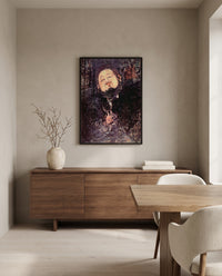 Diego Rivera by Amedeo Modigliani in a black frame above a walnut sideboard in a dining room