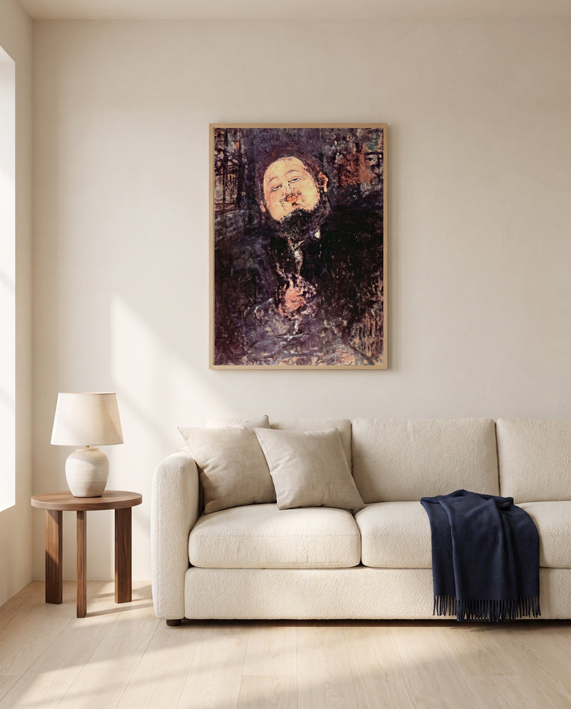 Diego Rivera by Amedeo Modigliani framed in natural oak above a cream sofa in a warm living room
