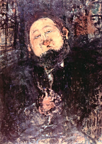 Portrait of Diego Rivera by Modigliani: a heavy man with a round head and half-closed eyes in violet and brown strokes