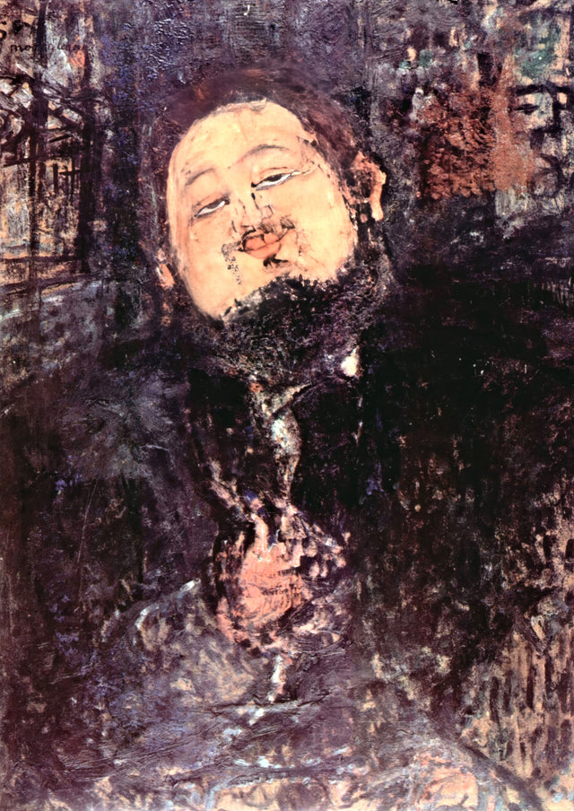 Portrait of Diego Rivera by Modigliani: a heavy man with a round head and half-closed eyes in violet and brown strokes