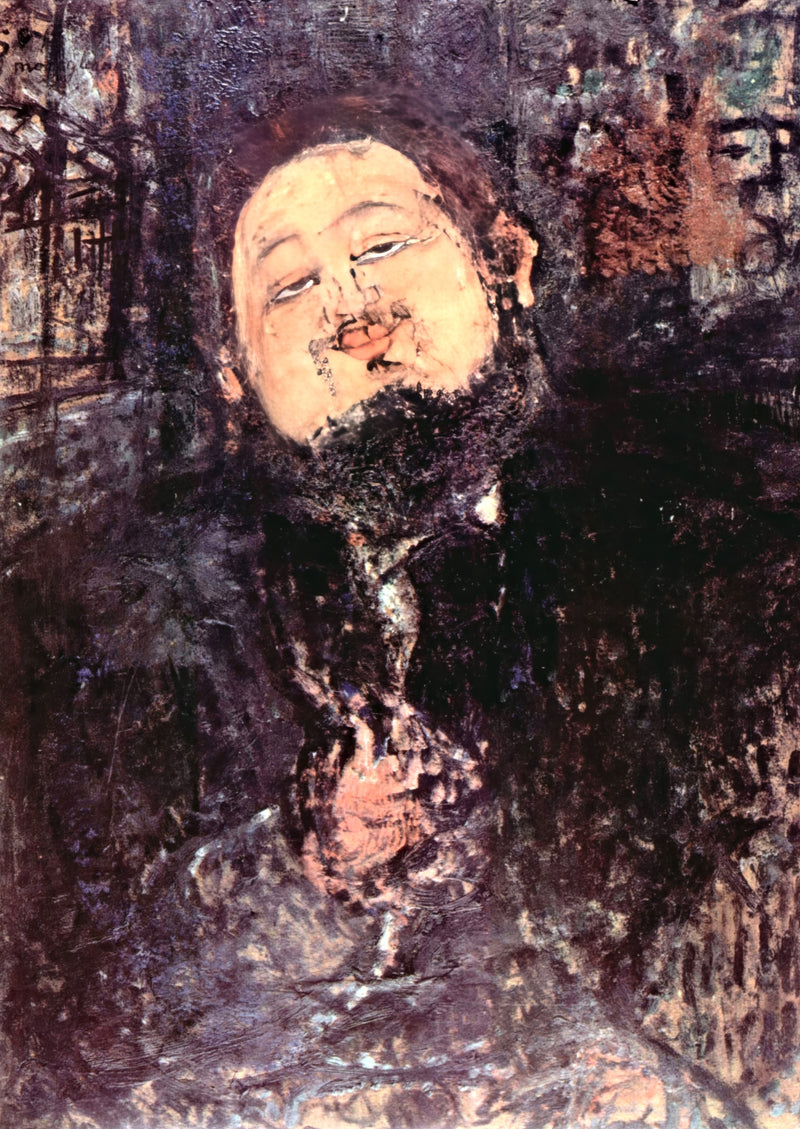 Portrait of Diego Rivera by Modigliani: a heavy man with a round head and half-closed eyes in violet and brown strokes