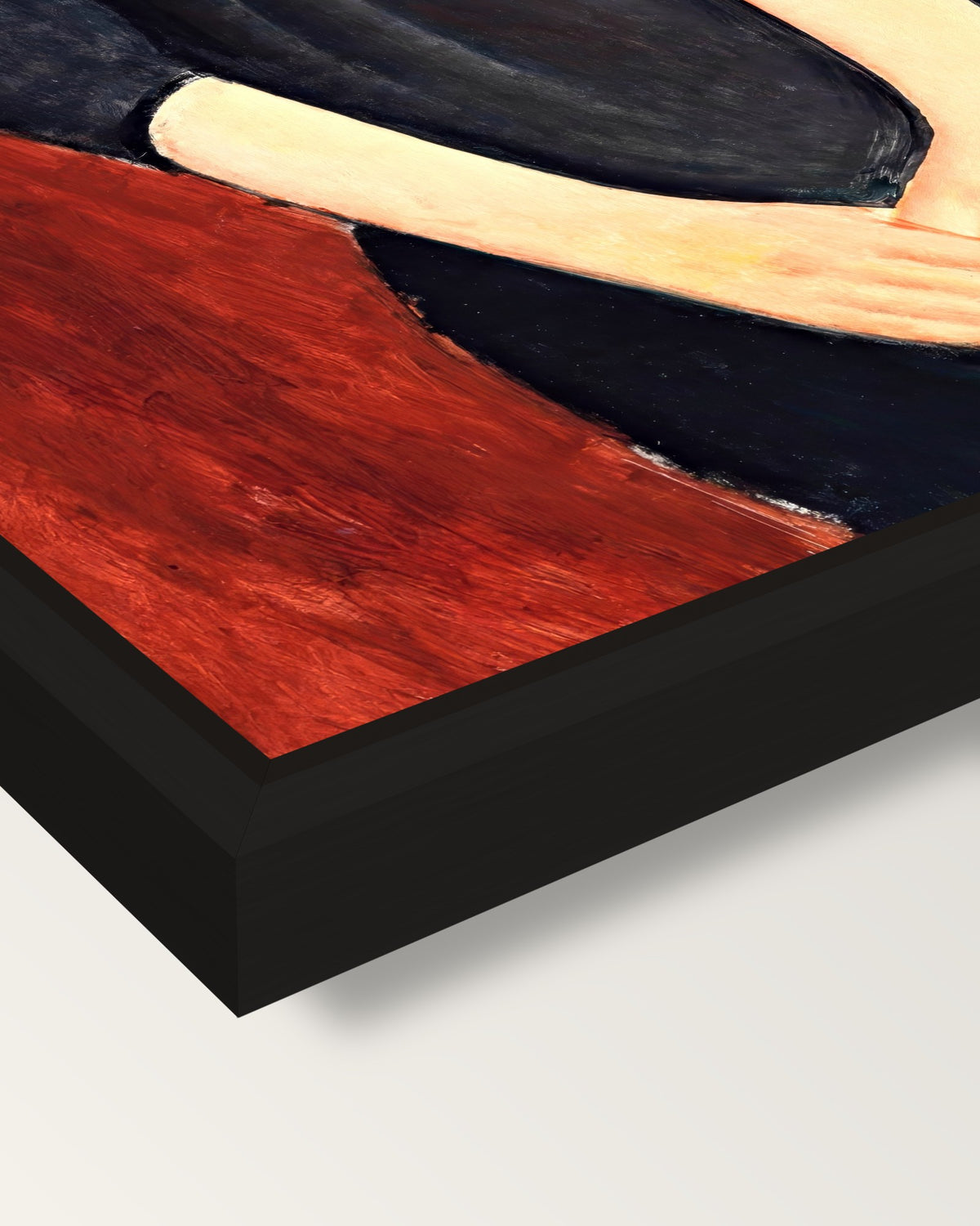 Paulette Jourdain by Modigliani framed canvas, corner close-up: a black floating frame with a shadow gap round the canvas