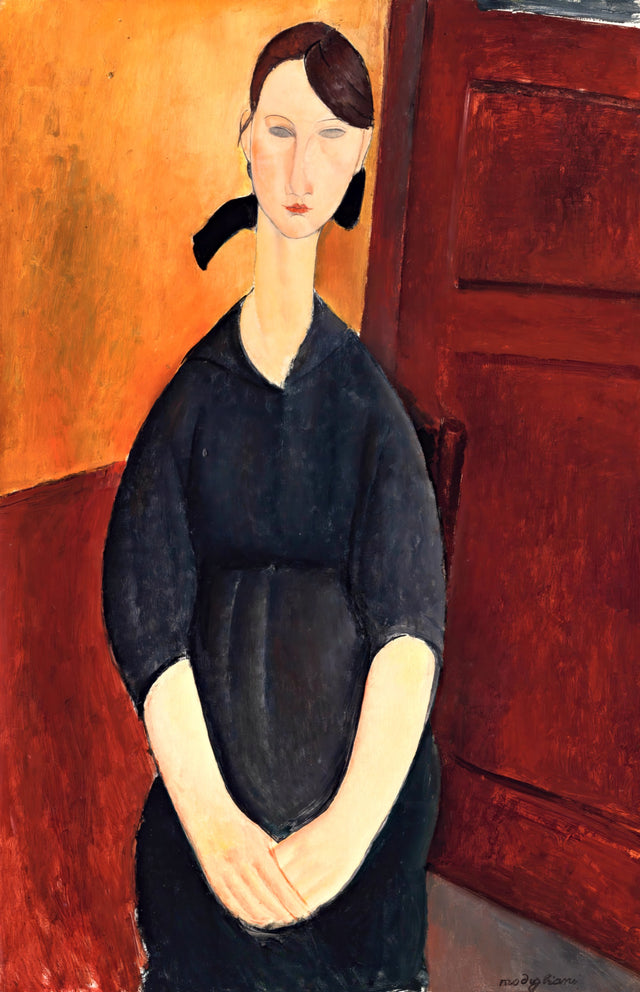Portrait of Paulette Jourdain by Modigliani: a young woman in a black dress, hands folded, before a red door and orange wall