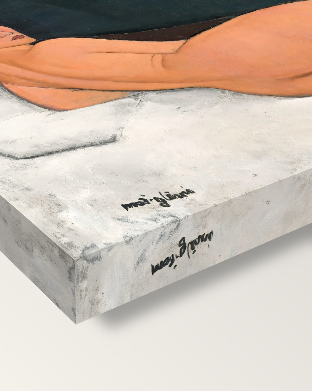 Reclining Nude (Left Side) by Modigliani on stretched canvas, corner close-up: the painting mirror-wrapped round the sides