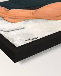Reclining Nude (Left Side) framed canvas, corner close-up: a black floating frame with a shadow gap round the canvas