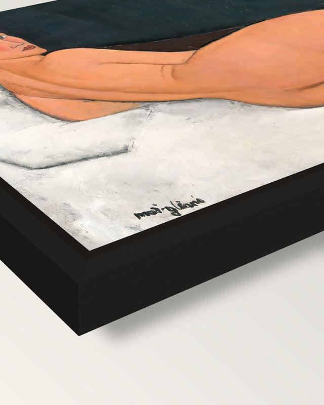 Reclining Nude (Left Side) framed canvas, corner close-up: a black floating frame with a shadow gap round the canvas