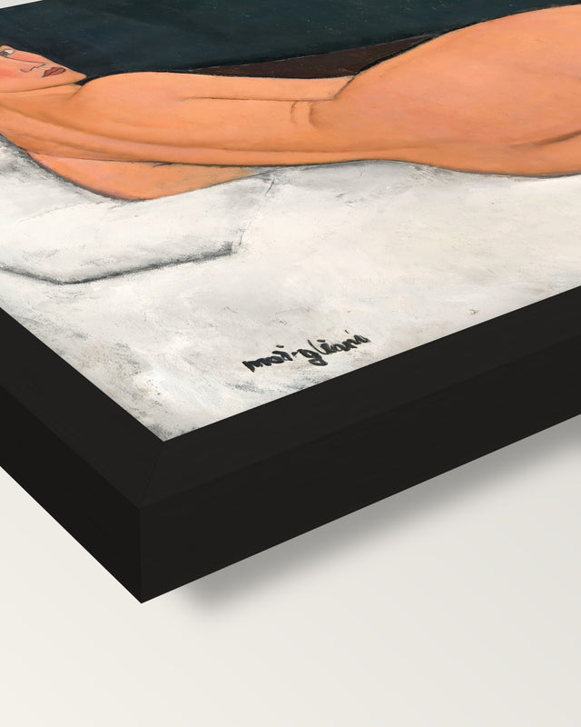 Reclining Nude (Left Side) framed print, corner close-up: black moulding, mitred, the print set just below its edge