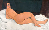 Reclining Nude on the Left Side by Modigliani: a nude woman lying on her left side on a white sheet, looking back