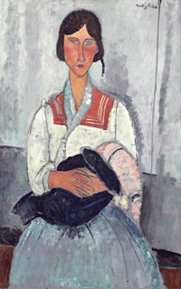 Roma Woman with Baby by Modigliani: a seated woman in a white blouse holding a baby wrapped in dark blue