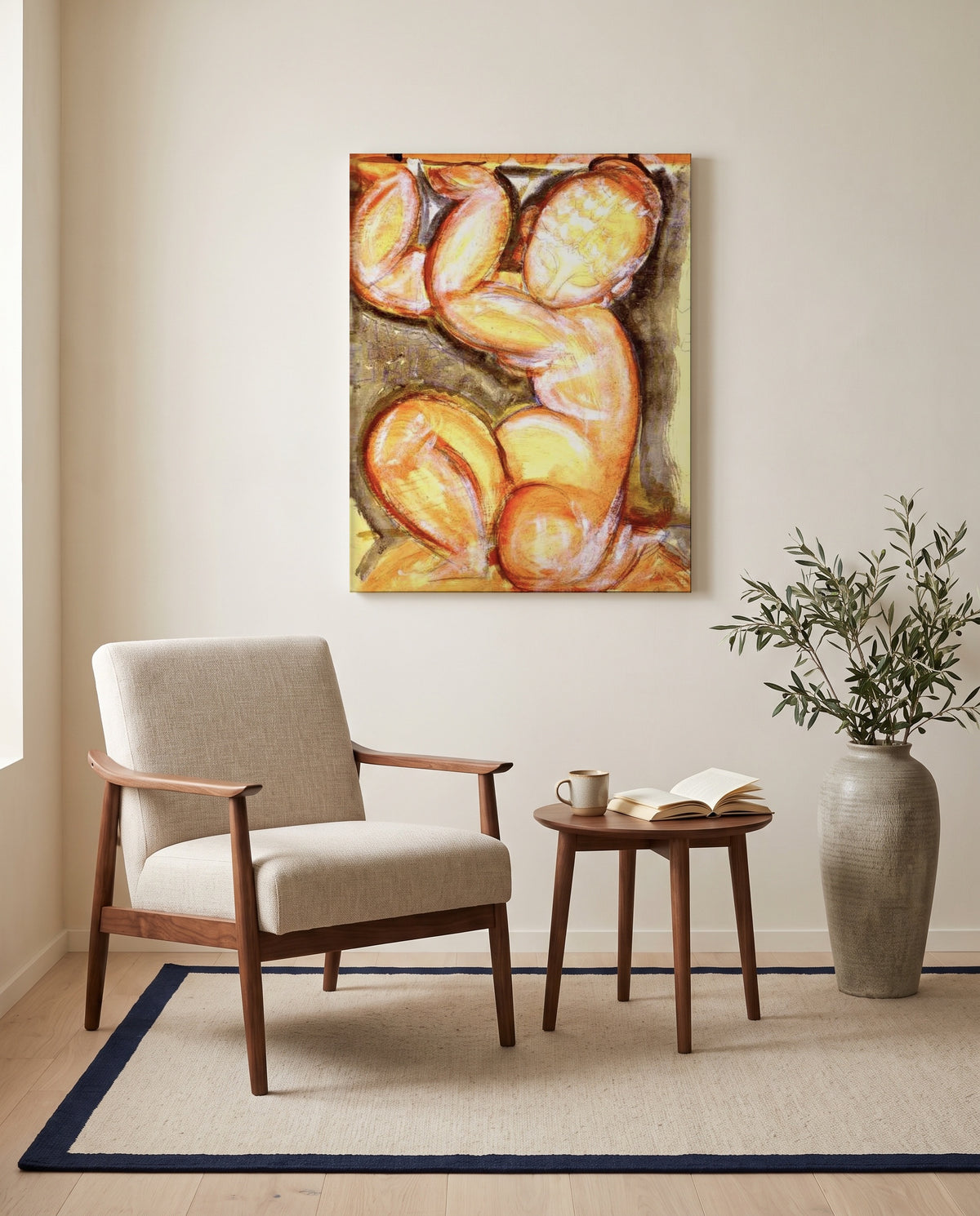 Rose Caryatid by Amedeo Modigliani as a stretched canvas above a linen lounge chair in a reading corner