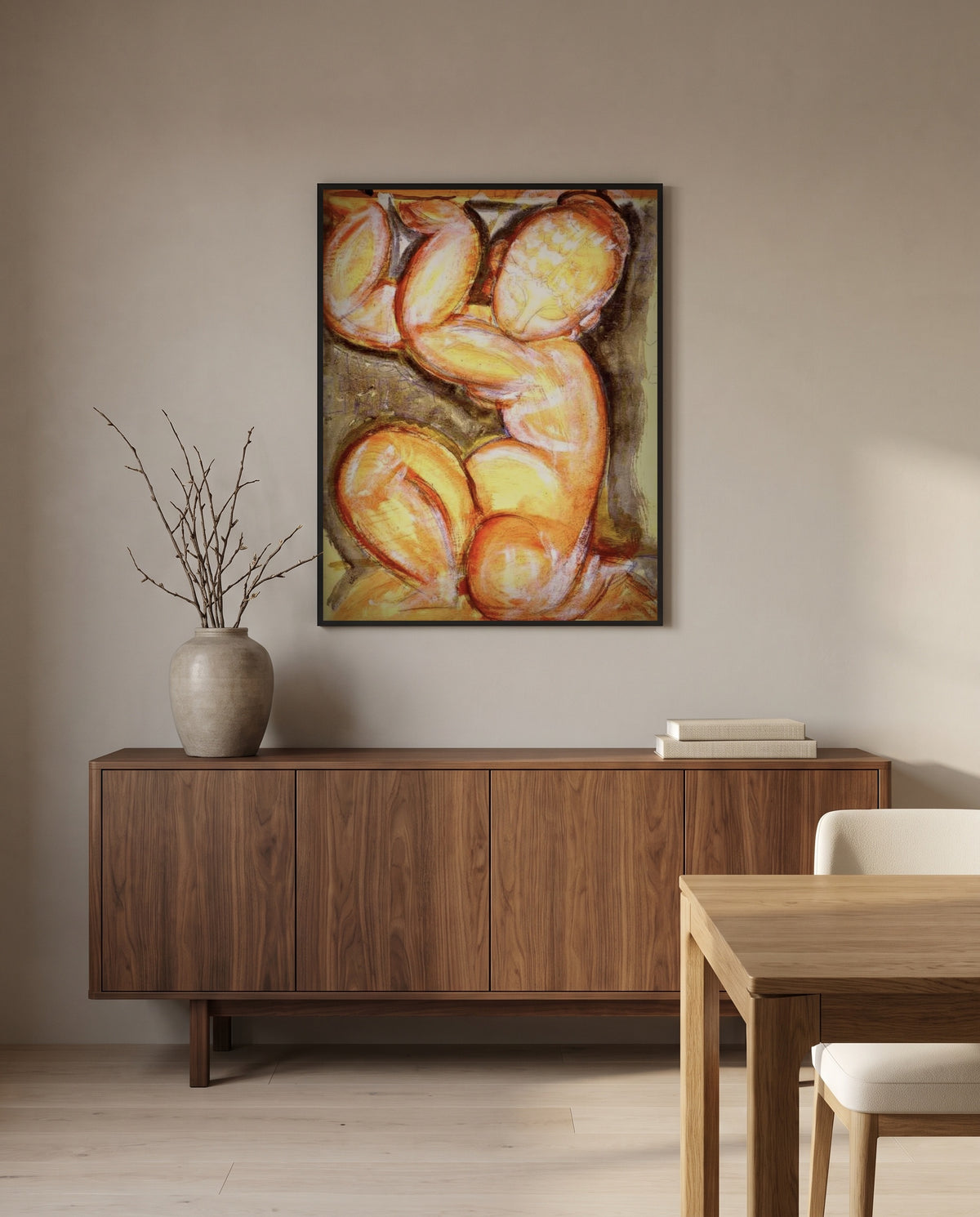 Rose Caryatid by Amedeo Modigliani in a black frame above a walnut sideboard in a dining room
