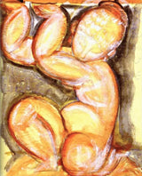 Rose Caryatid by Modigliani: a kneeling nude figure in rose and orange curves with her arms raised to hold up a weight