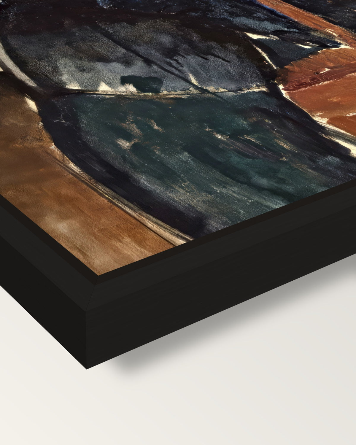 Seated Man with a Cane framed canvas, corner close-up: a black floating frame with a shadow gap round the canvas