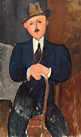 Seated Man with a Cane by Modigliani: a man with a moustache in a brown hat and dark blue coat, seated, holding a cane