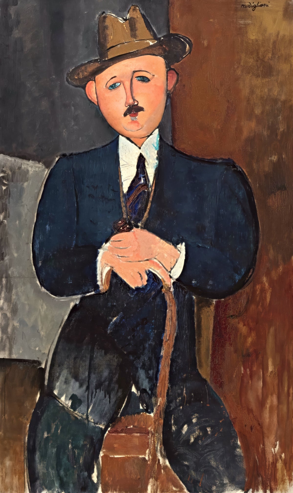 Seated Man with a Cane by Modigliani: a man with a moustache in a brown hat and dark blue coat, seated, holding a cane