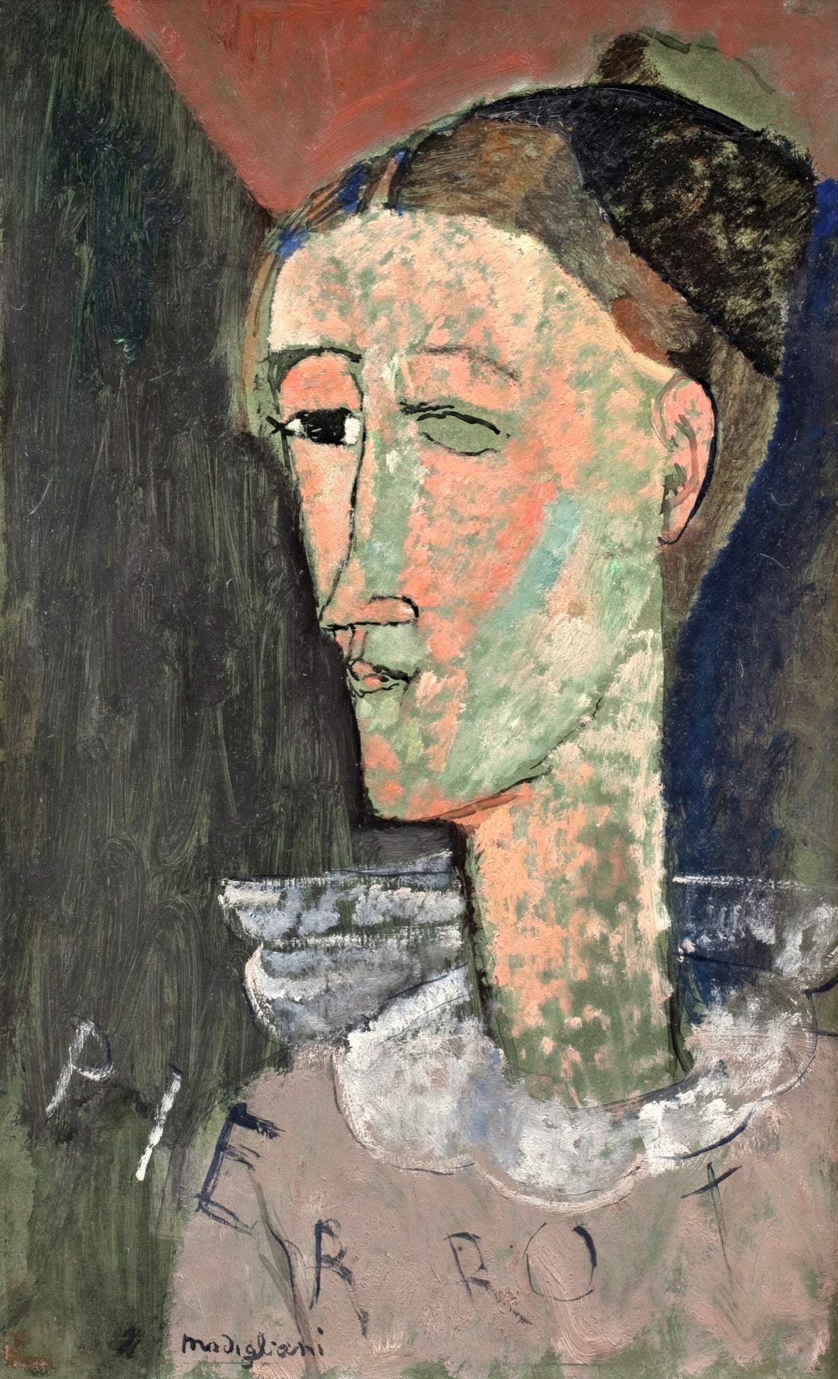 Self-Portrait as Pierrot by Modigliani: a long pale-green face with a white ruff collar, the word Pierrot written below