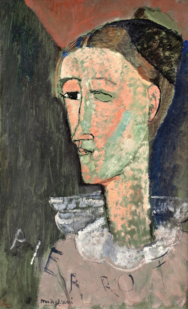 Self-Portrait as Pierrot by Modigliani: a long pale-green face with a white ruff collar, the word Pierrot written below