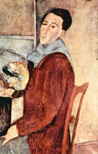 Self-Portrait by Modigliani: a pale man with a long face in a brown jacket and scarf, holding a palette, eyes half closed