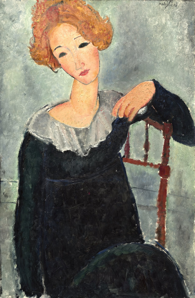 Woman with Red Hair by Modigliani: a woman with piled red hair in a black dress with a white lace collar, by a chair