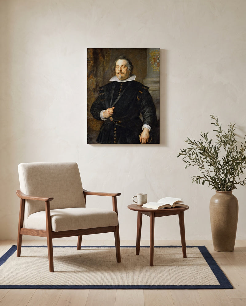 Francisco de Moncada by Anthony van Dyck as a stretched canvas above a linen lounge chair in a reading corner