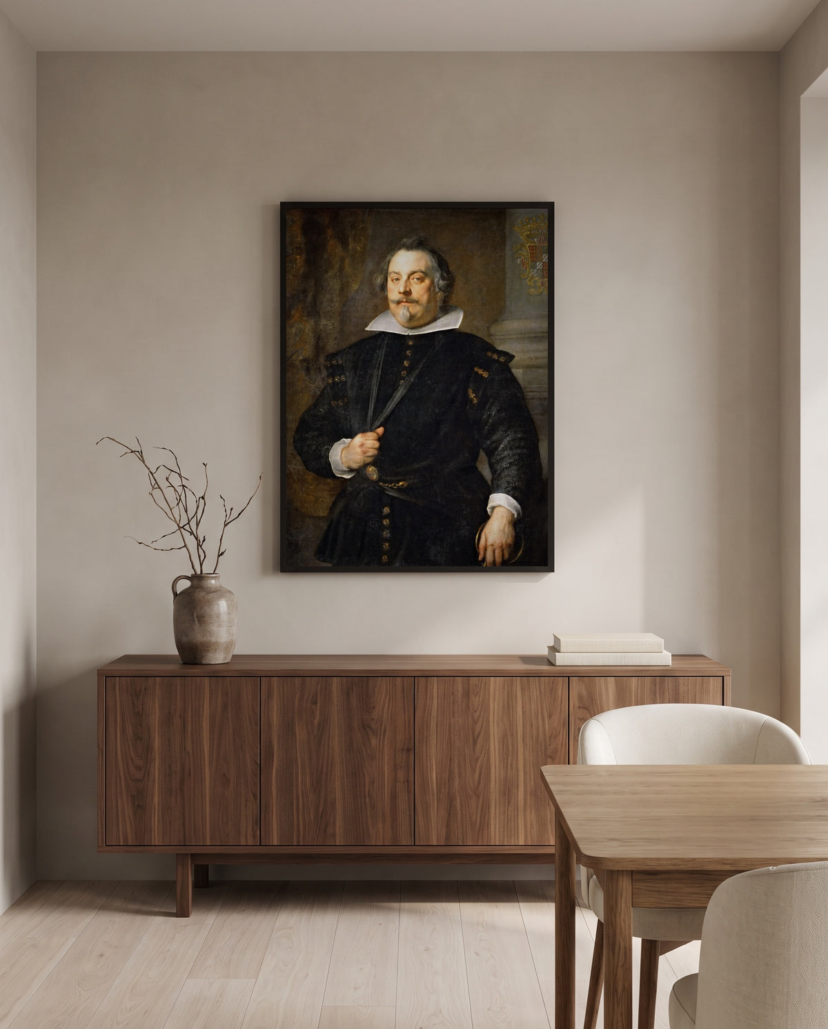 Francisco de Moncada by Anthony van Dyck in a black frame above a walnut sideboard in a dining room