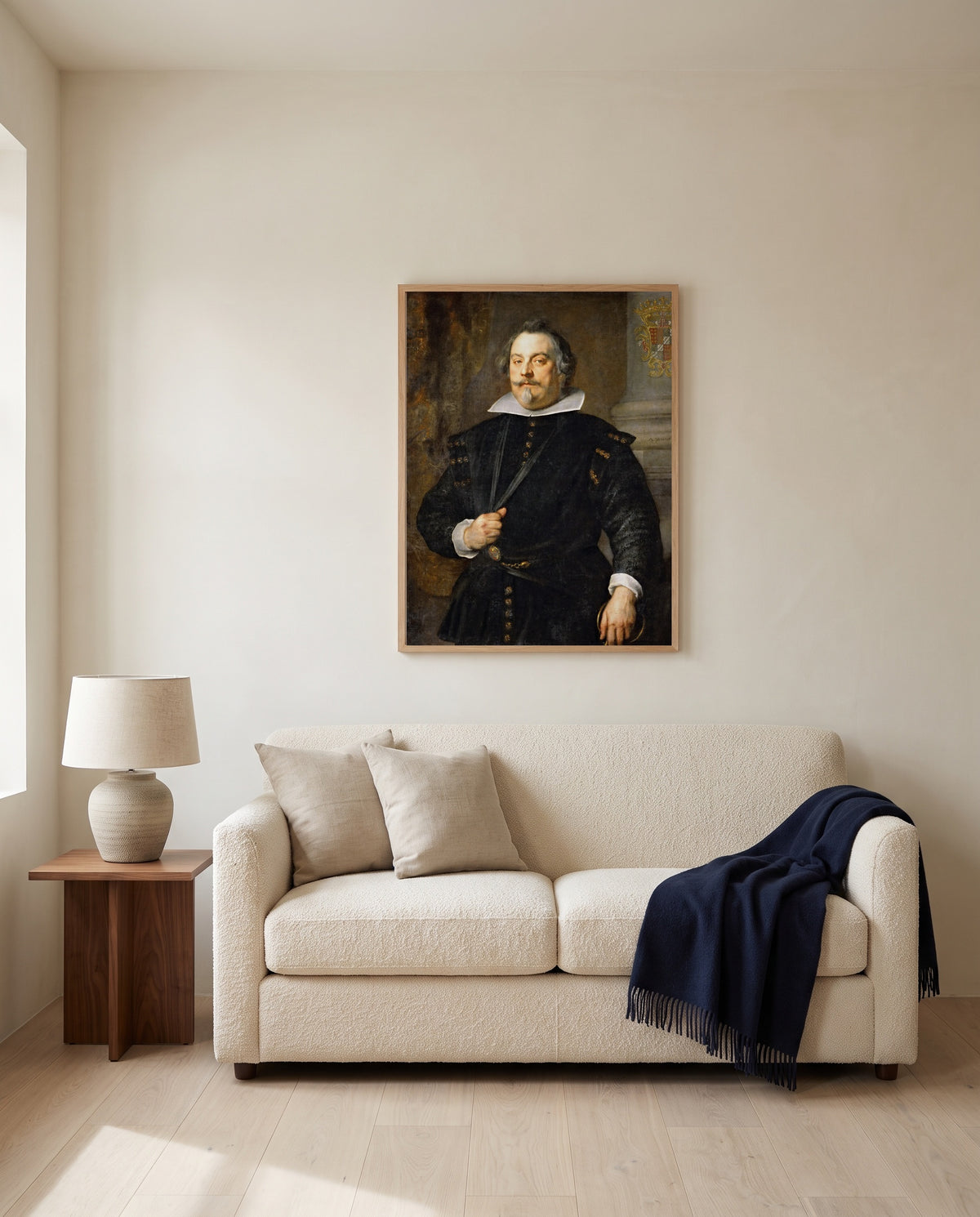 Francisco de Moncada by Anthony van Dyck framed in natural oak above a cream sofa in a warm living room