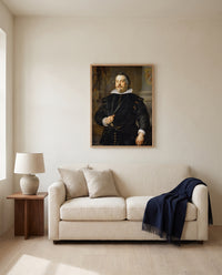 Francisco de Moncada by Anthony van Dyck framed in natural oak above a cream sofa in a warm living room