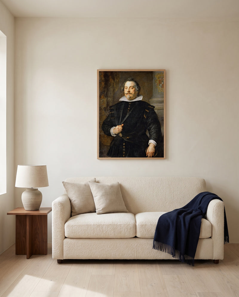 Francisco de Moncada by Anthony van Dyck framed in natural oak above a cream sofa in a warm living room