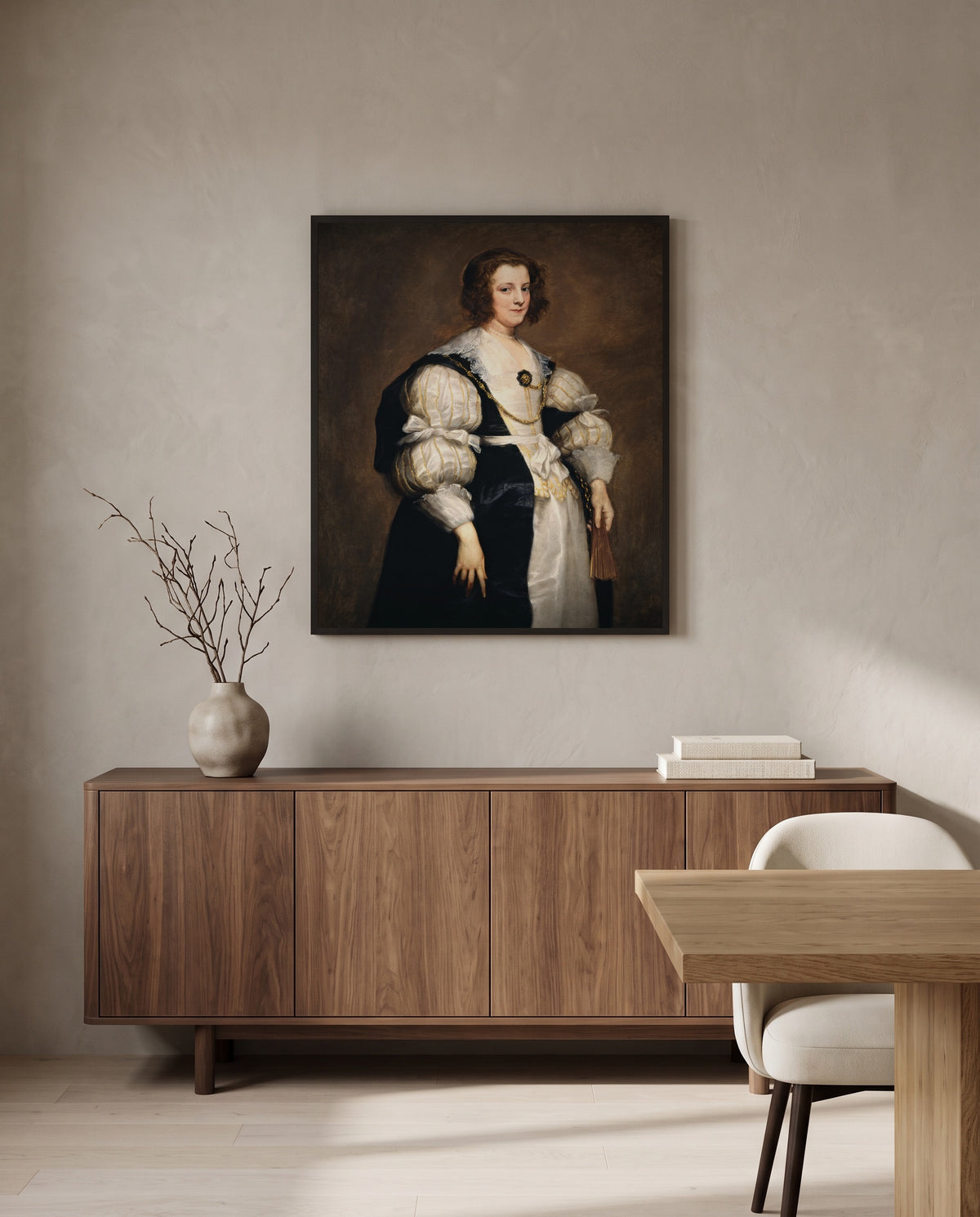 Lady with a Fan by Anthony van Dyck in a black frame above a walnut sideboard in a dining room