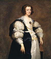 Lady with a Fan by van Dyck: a woman in a black gown with white satin sleeves and a gold chain holds a closed fan