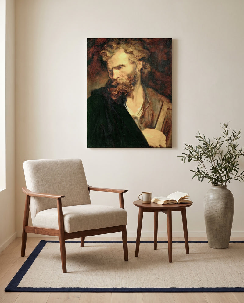 Apostle Judas Thaddeus by Anthony van Dyck as a stretched canvas above a linen lounge chair in a reading corner