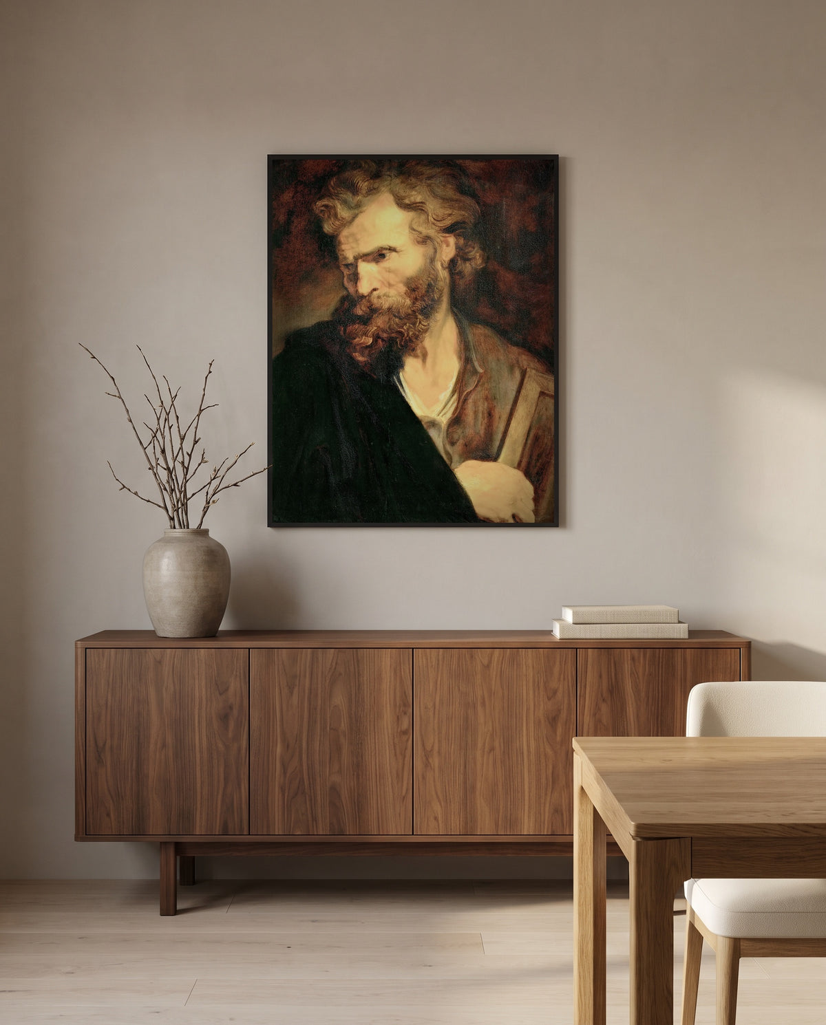 Apostle Judas Thaddeus by Anthony van Dyck in a black frame above a walnut sideboard in a dining room