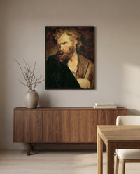 Apostle Judas Thaddeus by Anthony van Dyck in a black frame above a walnut sideboard in a dining room