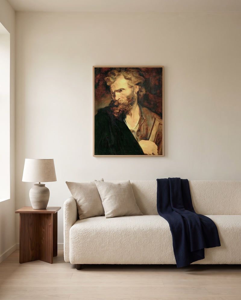 Apostle Judas Thaddeus by Anthony van Dyck framed in natural oak above a cream sofa in a warm living room