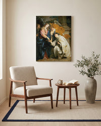 Vision of Hermann Joseph by Anthony van Dyck as a stretched canvas above a linen lounge chair in a reading corner