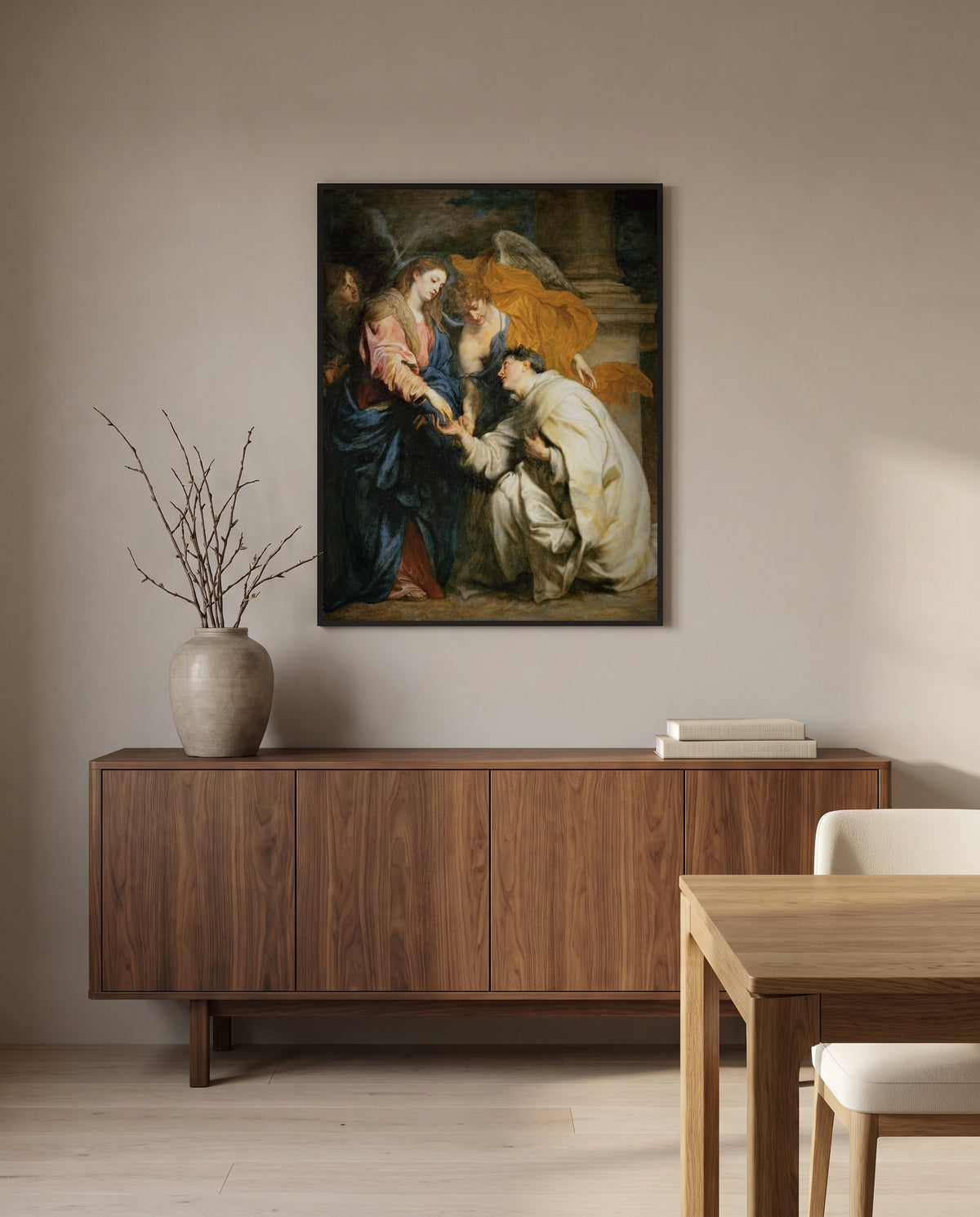 Vision of Hermann Joseph by Anthony van Dyck in a black frame above a walnut sideboard in a dining room