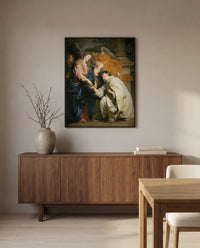 Vision of Hermann Joseph by Anthony van Dyck in a black frame above a walnut sideboard in a dining room