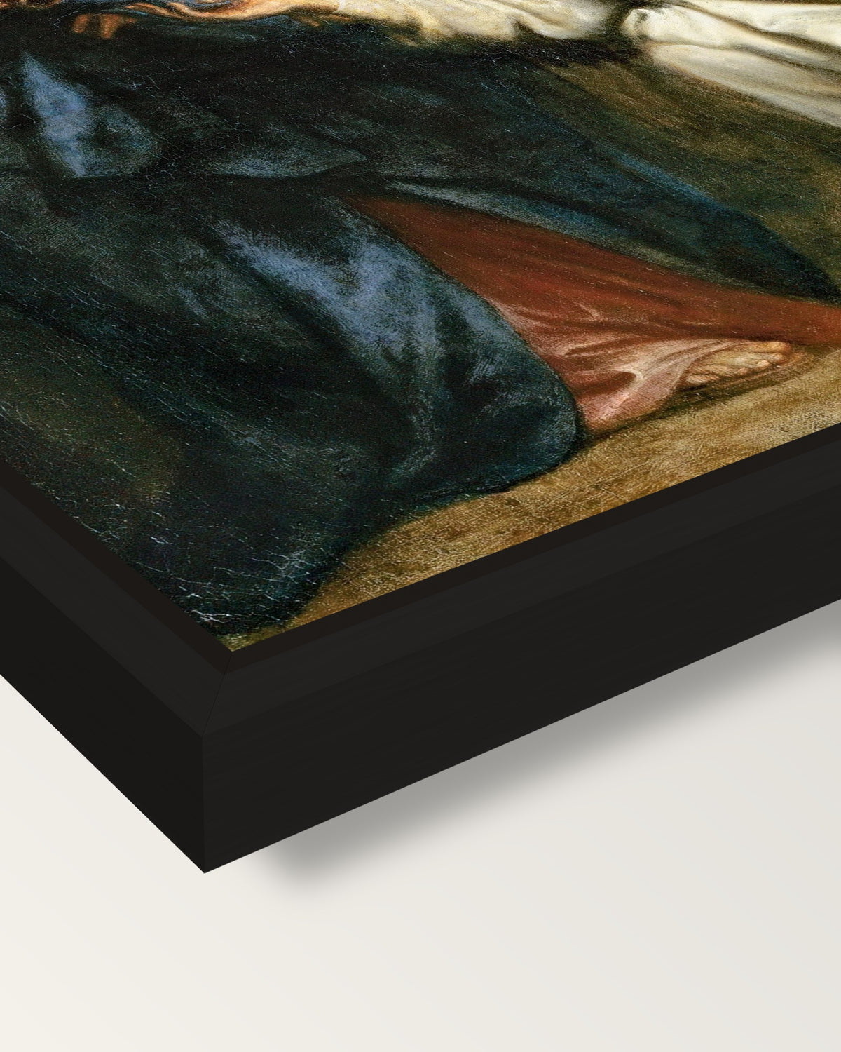 Vision of Hermann Joseph framed canvas, corner close-up: a black floating frame with a shadow gap round the canvas
