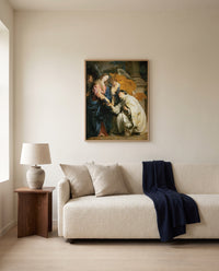 Vision of Hermann Joseph by Anthony van Dyck framed in natural oak above a cream sofa in a warm living room