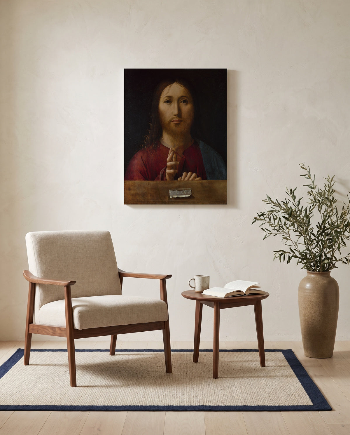 Christ Blessing by Antonello da Messina as a stretched canvas above a linen lounge chair in a reading corner